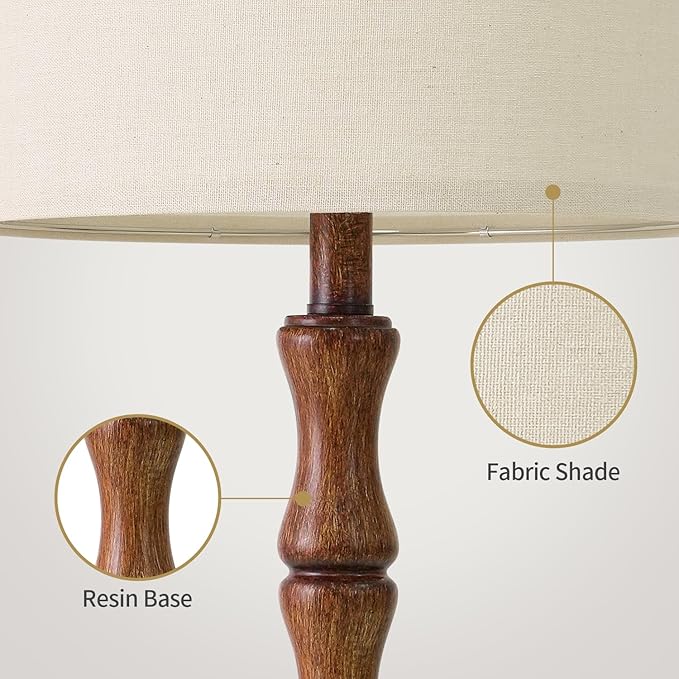 BOBOMOMO 25" Rustic Table Lamps Set of 2, Farmhouse Nightstand Lamps with Wood Grain Resin Base & Linen Shade, Standard Table Lamps for Bedroom, Living Room, End Table & House Décor