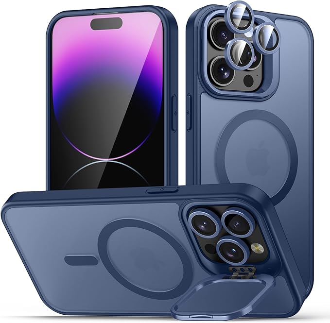 TOBOVON for iPhone 14 Pro Case, Compatible with MagSafe, Built-in Camera Ring Stand, with Individual Camera Cover, Translucent Matte Military-Grade Drop Protection Magnetic Case, Blue