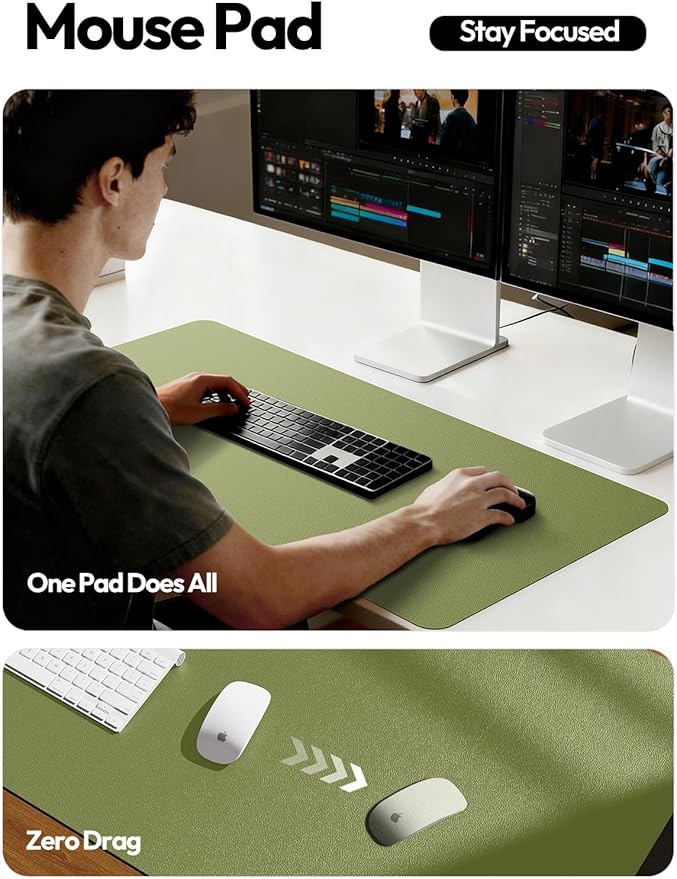 YSAGi Leather Desk Protector, Office Mat, Large Mouse Mat, Non-Slip PU Leather Blotter, Laptop Desk Pad, Waterproof Writing Pad for Office and Home (Green, 23.6" x 13.8")