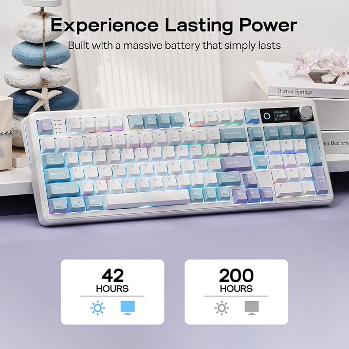 EPOMAKER TH99 PRO 96% Mechanical Keyboard with Screen & Knob, 10000mAh, 2.4Ghz/BT, Hot Swap, Custom Driver, RGB Backlight, PBT Keycap, Wireless Gaming Keyboard for PC/Mac (Blue&White, Sea Salt Silent)