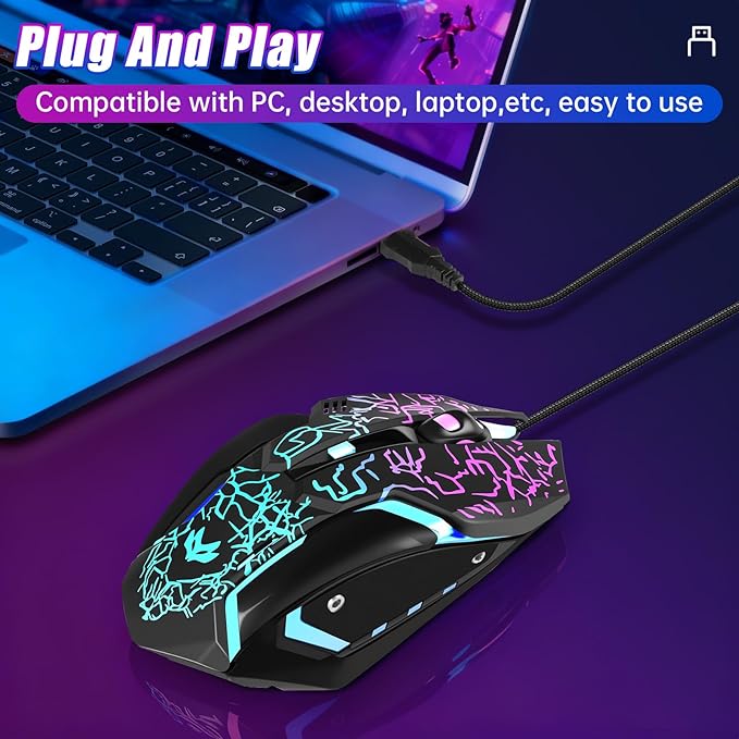 Gaming Mouse, 4 DPI Settings Up to 3600 DPI, Light Up RGB Ergonomic Optical Gaming Mice for Laptop/mac, Computer Wired USB Mouse, 7 Colors LED Backlight, 6 Buttons-Black