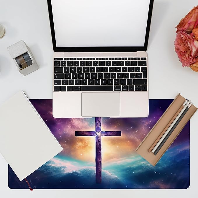 Large Gaming Mouse Pad, Jesus Cross Abstract Galaxy Cosmic Desk Pad, 31.5"x15.7" Extended Big Computer Keyboard Mouse Pad with Non-Slip Base and Stitched Edge