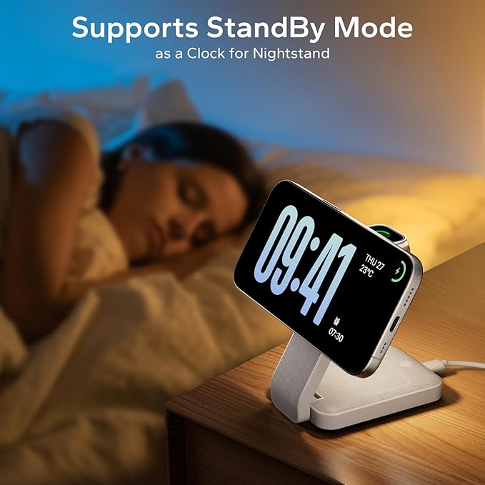 Eazpower 3 in 1 Foldable Wireless Travel Charging Station for MagSafe, Nightstand Magnetic Charger Stand for iPhone 17 16 15 14 Pro Max, Charging Dock with Night Light for Apple Watch/AirPods (White)