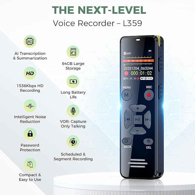 64GB AI Digital Voice Recorder with Playback: AI Transcribe & Summarize Note Taker, Voice Activated Recorder for Meetings & Lectures, 113 Languages Portable Recording Device, OTG Connection