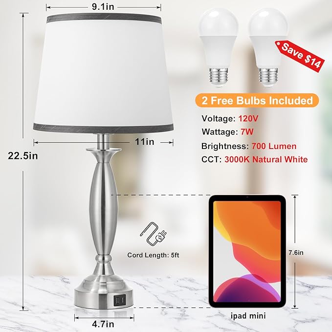 Seealle Touch Bedside Lamps for Nightstand Set of 2 - Bedroom Lamps with USB C+A, 3 Way Dimmable Nightstand Lamps, Brushed Nickel Table Lamps for Living Room (Bulbs Included)