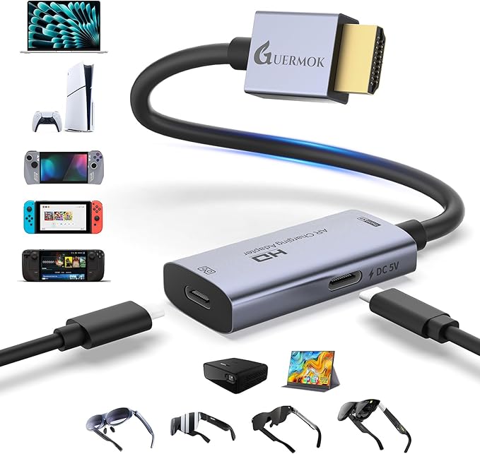 Guermok HDMI to USB C Video Display Adapter, 4.9ft AR Glasses Hub, 4K@60Hz HDMI Male to USBC Female for XREAL One/Air 2Pro/RayNeo/Rokid, Switch 2/1, Xbox1, PS4/5, Portable Monitors, Silver