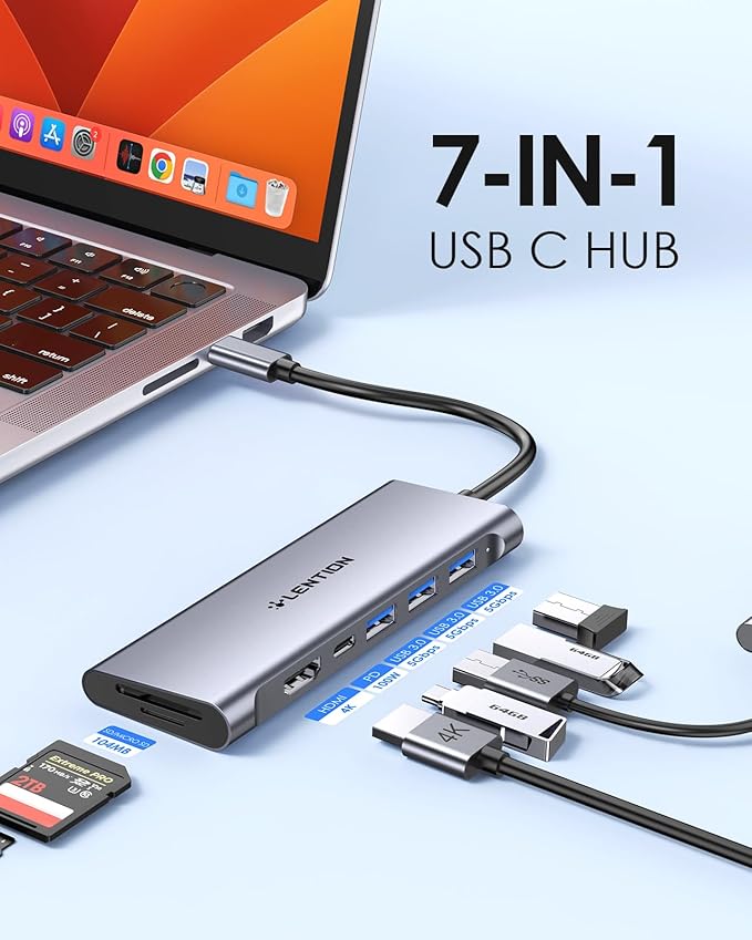 LENTION 7-in-1 USB C Multiport Hub with 4K HDMI, 100W PD, 3 USB 3.0 Ports, SD/MicroSD Card Reader Compatible MacBook Pro/Air/Neo 2016-2026 Stable Driver Adapter (C36B, Space Gray)