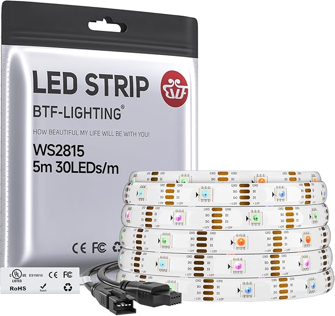 BTF-LIGHTING WS2815 (Upgraded WS2812B) LED Strip Light,UL Listed,16.4FT 150 LED/Pixels,Flexible Chasing RGB,Dual Signal Individually Addressable,5050SMD,3M Tape,DC12V IP30(No Adapter or Controller)