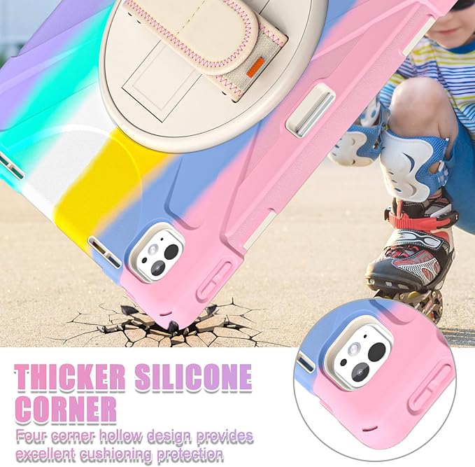 Batianda Case for iPad Pro 13-inch 2025 M5 2024 M4 Chip Heavy Duty Rugged Durability Silicone Tablet Cover with 360° Rotating Hand Strap Foldable Hidden Stand & Shoulder Strap, Colorful Pink