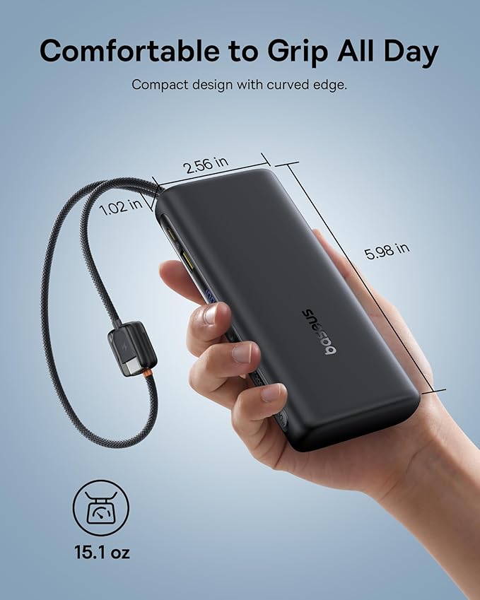 Baseus 100W Power Bank 20000mAh, Portable Laptop Charger with Built-in USB-C Dual Cables, Travel Essential PD QC Fast Charging for MacBook, iPad, iPhone 17/16, Samsung, Steam Deck, TSA-Approved