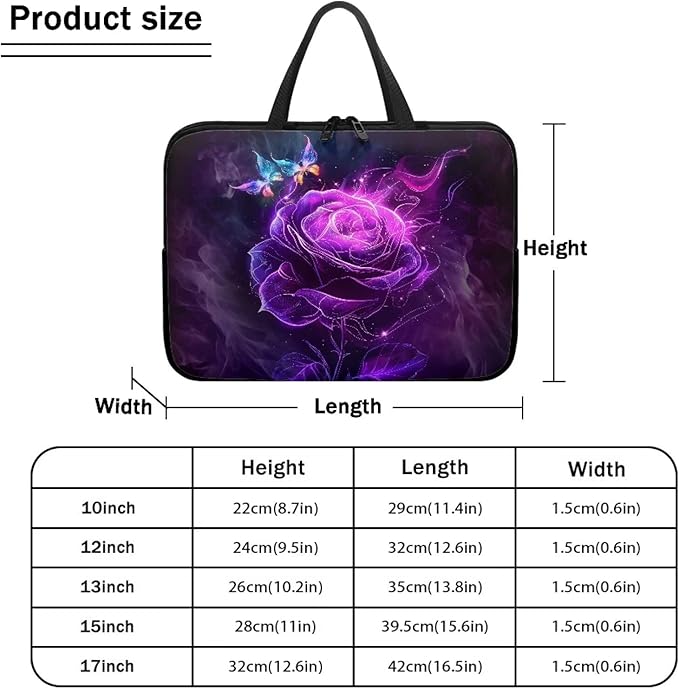 Purple Rose Butterfly Laptop Sleeve 10 Inch, Laptop Tote Bag for Women Girls, Waterproof Computer Tablet Handbag Case with Handle, Carrying Case Laptop Cover for Travel/Business/School