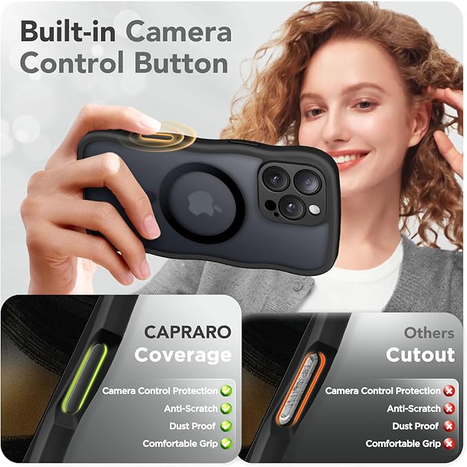 CAPRARO for iPhone 16 Pro Case for Women Girls, Upgraded [Full Camera Protection] [Compatible with MagSafe] Cute Wave Translucent Matte Phone Case for iPhone 16 Pro, Black