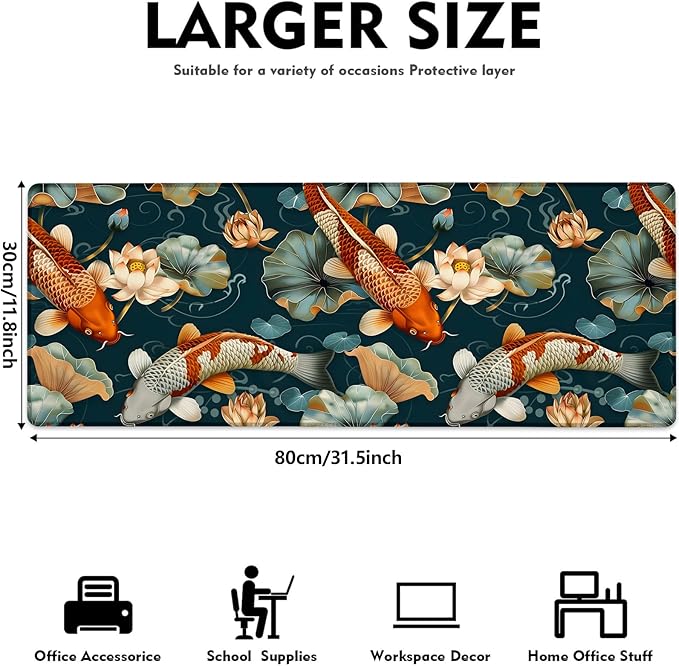 Cute Koi Fish Gaming Mouse Pad, Large Artistic Lotus and Pond Desk Mat for Laptop Keyboard Computer, Non-Slip Rubber Base Desktop Extended Mousepad for Office Home Accessories 31.5"×11.8"