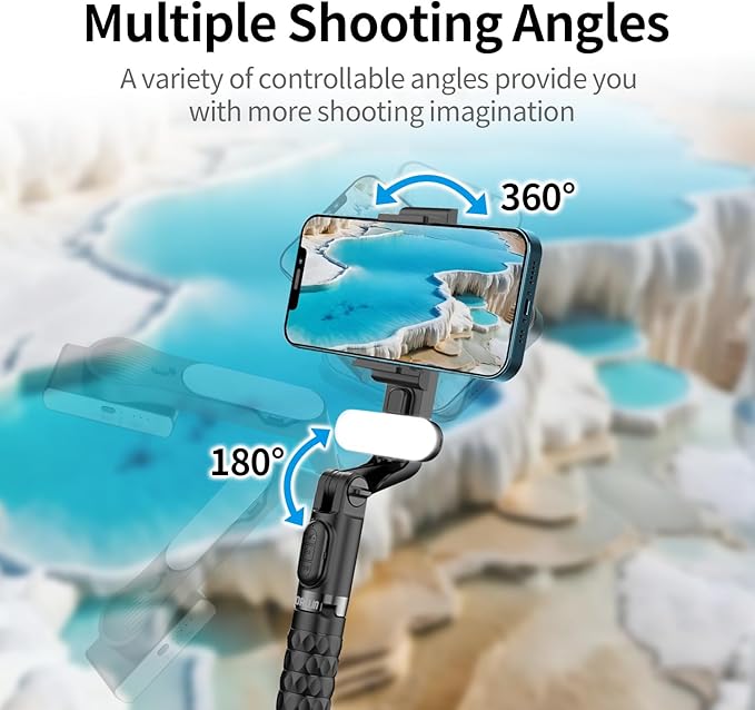 TOALLIN Selfie Stick with Light for Smartphone, Gimbal Stabilizer with Remote, Retractable and Foldable Phone Tripod for iPhone & Android, Video Recording, Streaming, Vlogging