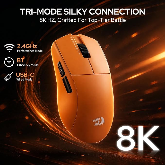 Redragon M916 ULT Wireless 8K Polling Rate Gaming Mouse, 54G Ultra-Lightweight 30,000 Max DPI Gaming Mice w/Ergonomic Natural Grip Build, Full Programmable Buttons, Orange