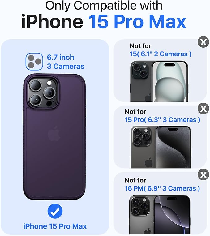 for iPhone 15 Pro Max Case[Military-Grade Drop Protection][Anti-Yellowing] Shockproof Protective Translucent Matte Cover for iPhone 15 Pro Max Phone Case,Dark Purple