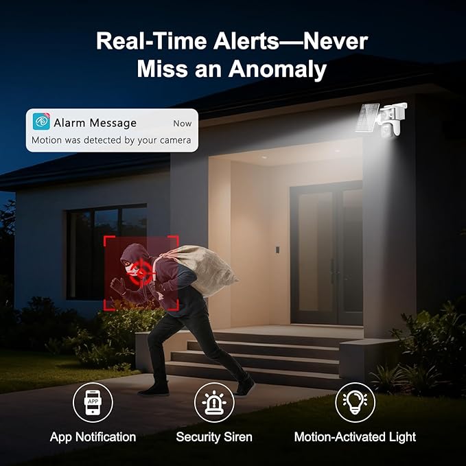 Dual Lens Security Cameras Wireless Outdoor, Solar-Powered Home Security Camera with 6MP Color Night Vision, 2-Way Audio, PIR Motion Alarm, 5GHz/2.4Hz WiFi, Spotlight Siren, Waterproof