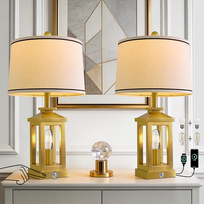 G-SAFAVA 24" Table Lamps for Living Room Bedroom Modern Gold Bedside Lamps Set of 2 Nightstand Lamps for Night Stands 3 Way Dimmable Touch Lamp with USB C+A Ports and 2 Light Sources, 4 Bulbs Includes