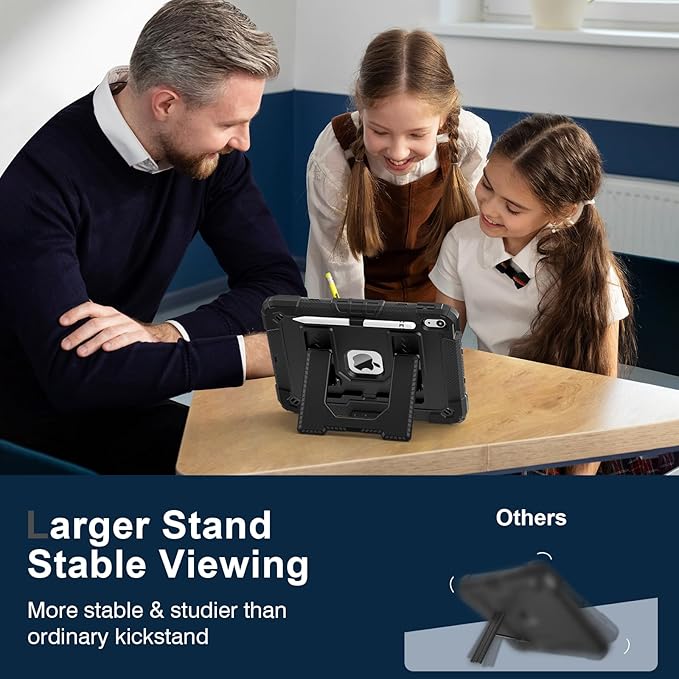 Kids Friendly Case for iPad A16 11th Generation 11 Inch 2025 / iPad 10th Generation 10.9" 2022 Case with Pencil Holder & Shoulder Strap, Hybrid iPad 11 10 Cover Rugged Shockproof Kickstand,Black