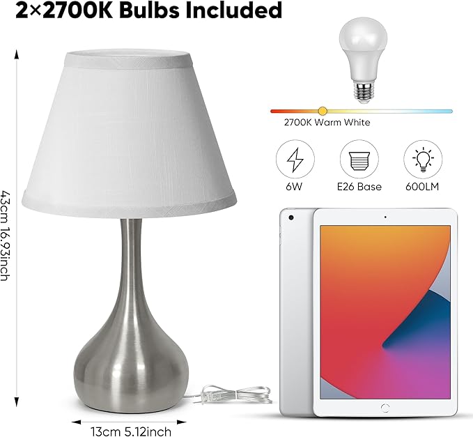 17” Touch Table Lamp for Bedroom Set of 2, 3-Way Dimmable Bedside Lamp for Nightstand, Modern Metal Desk Lamp with Linen Shade for Living Room, Kids Reading, Dorm, Home Office Decor, Bulb Included
