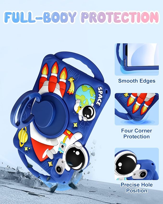 Boaretiu Kids Case for iPad mini 7 (A17 Pro)/mini 6 Generation 8.3 Inch - Cute Cartoon Astronaut Spaceship Silicone Case with Strap & Rotating Stand Soft 3D Tablet Cover for Boys Teens