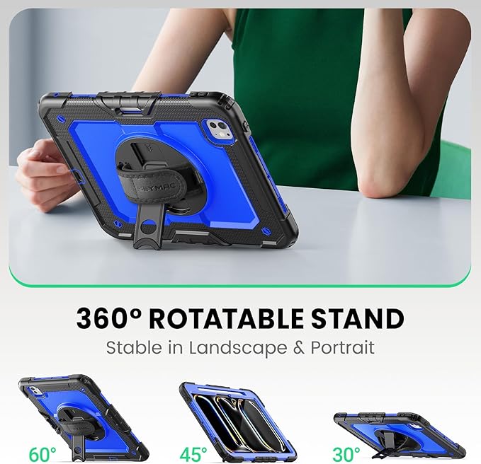 SEYMAC for iPad Pro 11 Inch Case M5 2025 / M4 2024, Heavy Duty Shockproof Protective Case with Screen Protector, 360° Rotating Stand, Hand/Shoulder Strap and Pen Holder, Blue