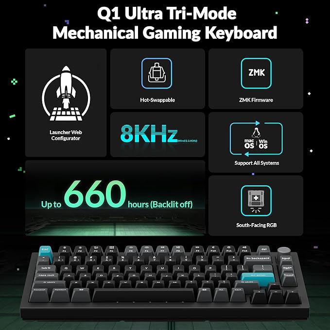 Keychron Q1 Ultra 8K 75% Wireless Mechanical Keyboard, Aluminum Hot-Swappable RGB, Banana Switch, 82 Keys, 600h Battery Life, 2.4GHz/Bluetooth/Wired, ZMK Programmable, Mac Windows Linux – Black