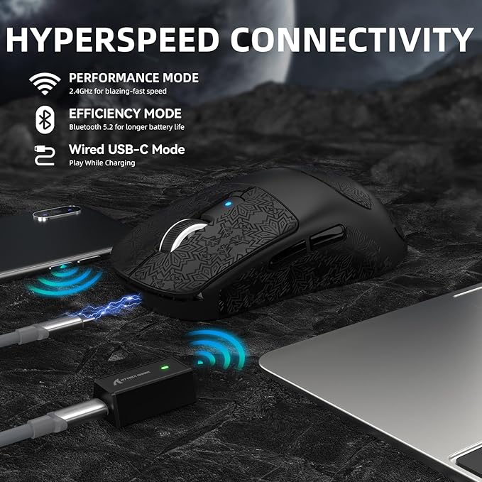 ATTACK SHARK R6 39g Superlight Wireless Gaming Mouse,PixArt PAW3950MAX 42000 DPI,MCU Nodic 52840 Computer Mouse,8K Polling Rate Web Driver,BT/2.4Ghz/Wired Tri-Mode Mice with Coiled Cable-Black&Tape