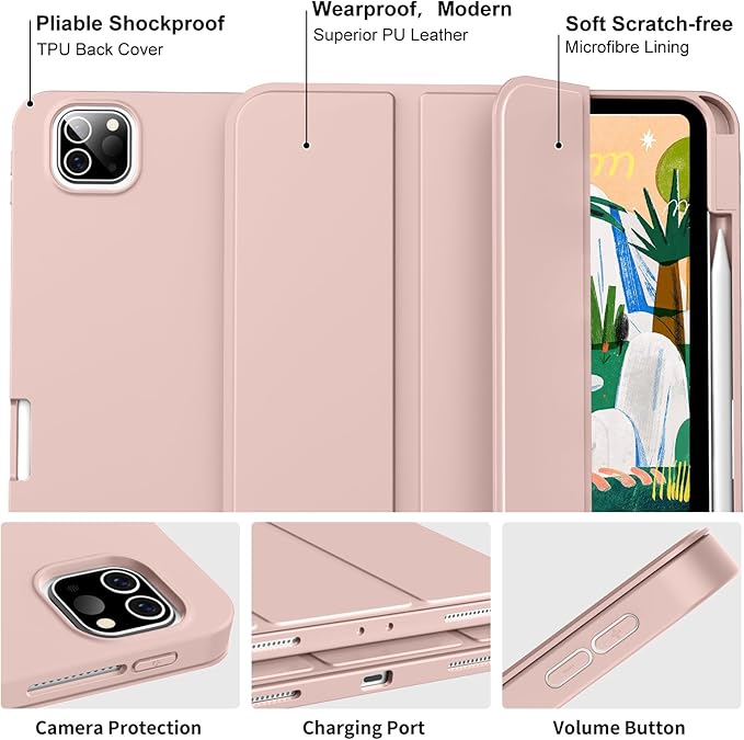 Case for iPad Pro 12.9 Inch 6th/5th/4th/3rd Generation with Pencil Holder, Smart Stand Cover with Soft TPU Back for iPad 12.9 Pro Case (2022/2021/2020/2018), Auto Sleep/Wake, Light Pink