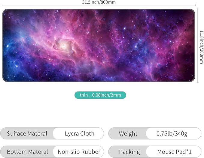 Thin Extended Gaming Mouse Pad （31.5 * 11.8 * 0.08 inch） with Stitched Edges Large Mousepad Long XXL Keyboard and Mouse pad Desk Mat for Gaming Office & Home - Galaxy Nebula