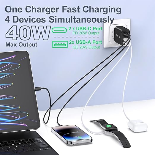 USB Charger Block, 40W 4 Port Dual QC+PD3.0 Fast Charging Block, USB C Charger Block Power Adapter Wall Plug for iPhone 15/14/13/12/11/Pro Max/XS/XR/8/7, iPad, Samsung Phone, Tablet-6FT Type C Cable