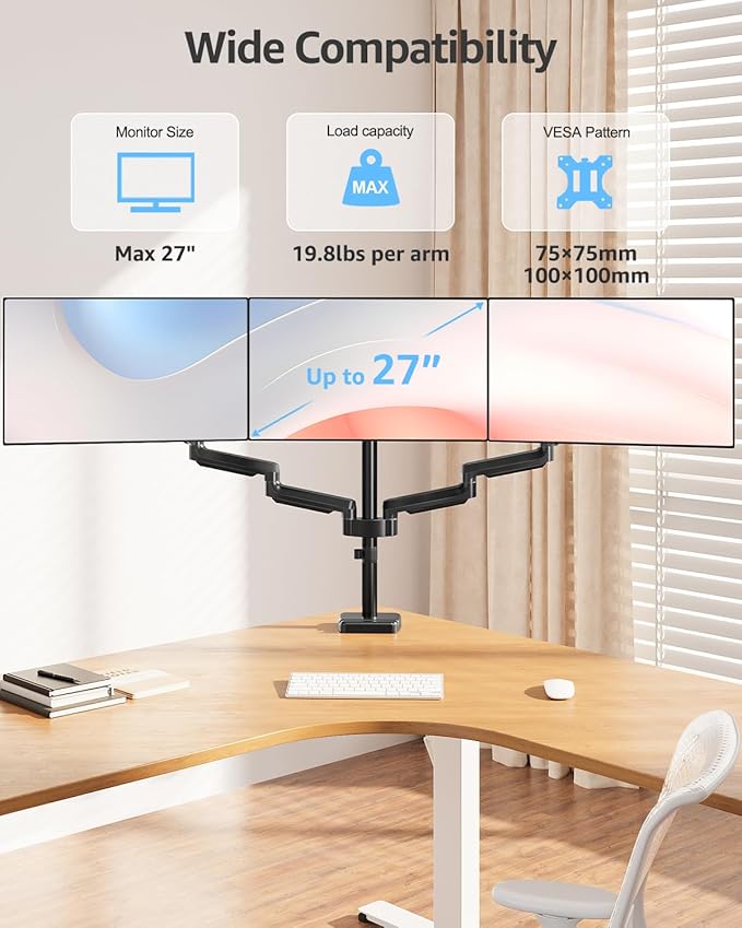 MOUNTUP Triple Monitor Stand Mount - 3 Monitors Desk Mount for Computer Screens Up to 27 inch, Triple Monitor Arm, Heavy Duty Monitors Stand, Each Arm Holds 4.4-19.8 lbs, Black