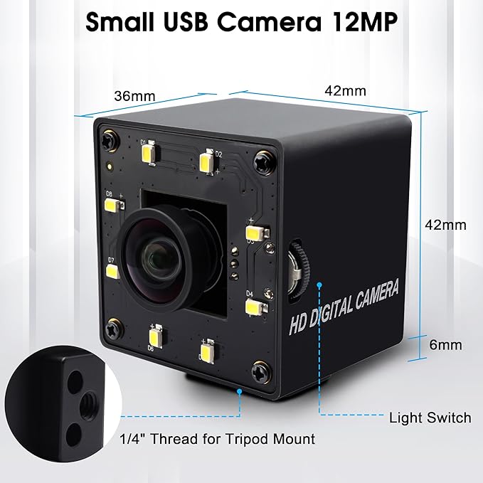 SVPRO 12MP USB Camera with Light, 4K Webcam 30fps / 1080P 120fps High Speed, IMX577 Sensor Low Light, USB Plug and Play for Lightburn, PC/Laptop, Comptible with Windows/MacOS/Linux/Android