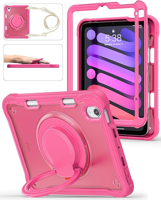 BRAECN for iPad (a17 pro) Mini 7/Mini 6 Case 2024/2021 8.3 inch with Pencil Holder Protective Clear Ring Handle 360 Rotating Stand Shockproof Dropproof Rugged Carrying Shoulder Strap Kids Friendly