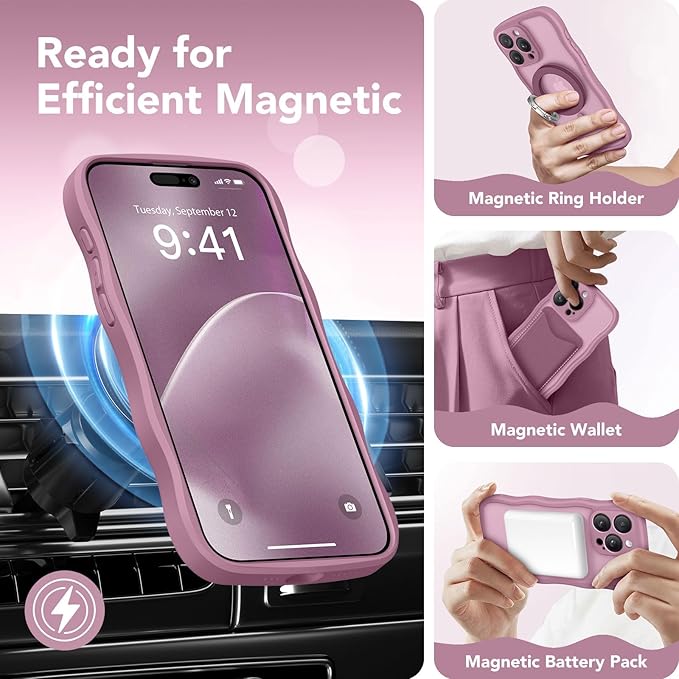 CAPRARO Cute for iPhone 14 Pro Case, Compatible with MagSafe, [Curly Wave Edge] [Full Camera Protection] [14 FT Drop Protection] Magnetic Phone Case for 14 Pro 6.1 Inch, Black Currant