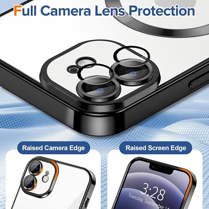 Hython Magnetic Clear for iPhone 12 Case with Camera Lens Protector [Compatible with MagSafe] Luxury Plating Edge Slim Soft TPU Cover Protective Phone Case for iPhone 12 6.1", Black