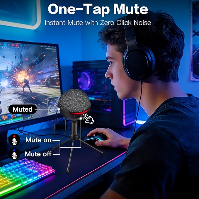 ZealSound Podcast USB Microphone for PC/Mac/iPhone, Cardioid Condenser Mic with Noise Reduction, Tap-to-Mute, RGB Lighting, Zero Latency Monitoring, Volume Control for Gaming, Recording, YouTube