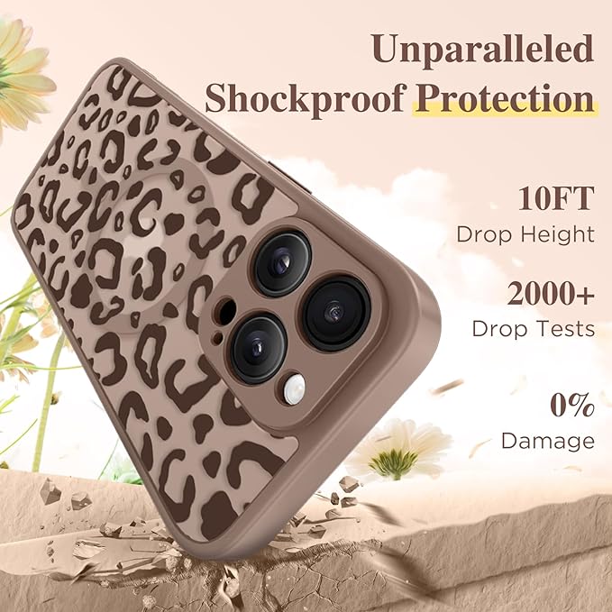 GVIEWIN for iPhone 16 Pro Case Compatible with MagSafe, [Military Grade Protection] [Screen Protector] Full Camera Protection Floral Translucent Women Magnetic Phone Case, Leopard/Brown