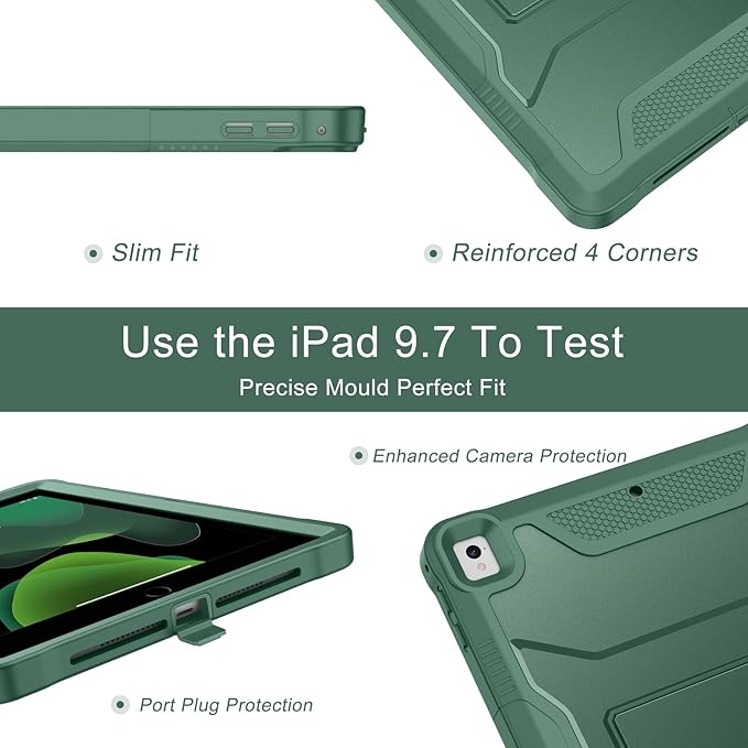 Soke Case for iPad 6th/5th Generation 9.7 Inch 2018/2017,with Built-in Screen Protector and Kickstand, Rugged Full-Body Heavy Duty Protective Cover for Apple iPad Air 2 /Pro 9.7 - Midnight Green