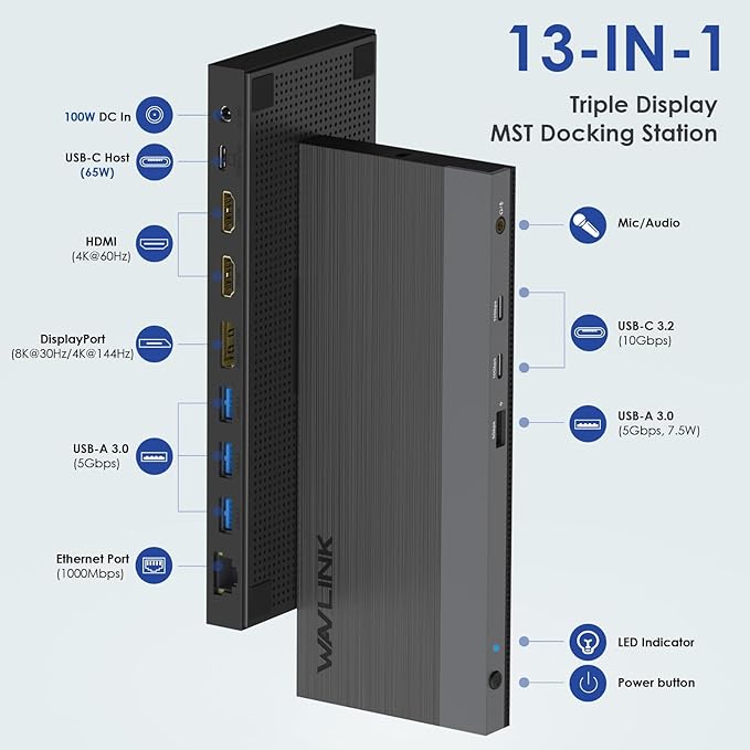 WAVLINK USB C Docking Station Dual Monitor Triple Display for Laptop Windows OS, USB Type C Dock with 130W Power Adatpter - 2 HDMI, DisplayPort, 100W PD, Ethernet, 4 USB 3.0, 2 USB-C, Audio