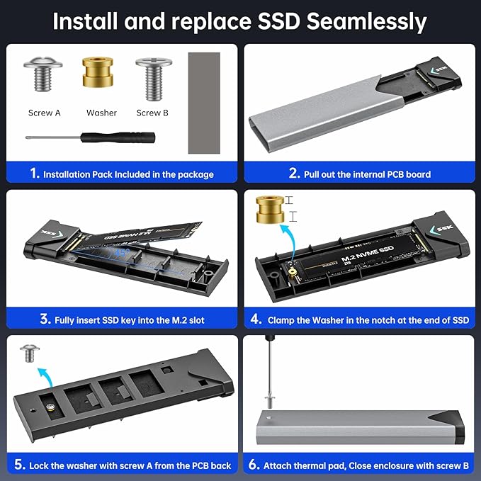 SSK M.2 NVME SATA SSD Enclosure, Improved RTL9210B Chip USB 3.2 Gen 2 10Gbps to PCI-E NGFF Adapter, M-Key/B+M Key External SSD Enclosure Aluminum Support UASP Trim 2242/2260/2280