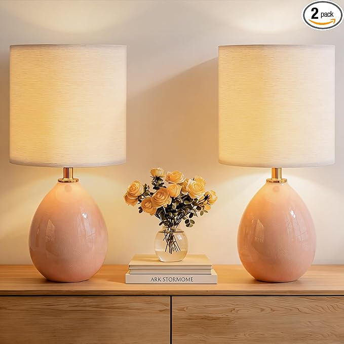 Dawnwake 18.5" Table Lamps Set of 2 for Living Room Bedroom, Bedside Lamps for Night Stands, Desk Nightstand Lamp Dimmable, Modern Linen Ceramic Lamps，Pink