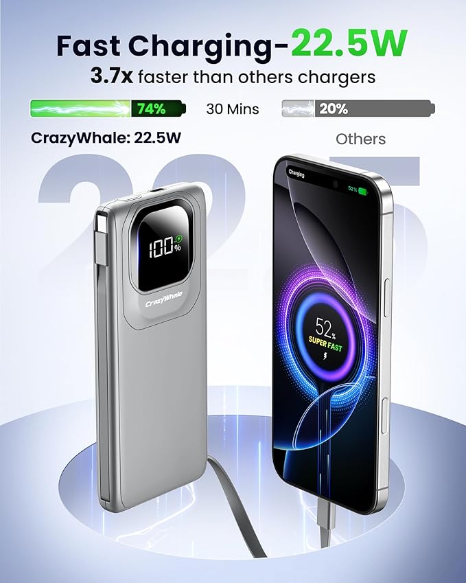 Portable Charger Power Bank with Built-in Type C Cables, 22.5W Fast Charging 10000mAh Phone Charger, Travel Battery Pack Slim Battery Bank with Smart LED Display for iPhone, Android & USB-C-Gray