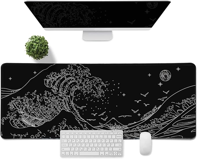 MEWOOCUE® Large Gaming Mouse Pad for Computer,Black Japanese Sea Wave Anime Mouse Mat,Long XXL Waterproof Keyboard Pads,Big Non-Slip Mouse Pads for Game Office Home（15.7 x 35.4 in）