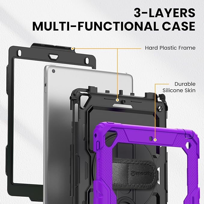 Timecity Compatible with iPad 9.7 Inch (for iPad 6th/5th Generation, iPad Air2, iPad Pro 9.7) Full-Body Silicone+PC Protective Case with Rotating Stand/Strap - Purple