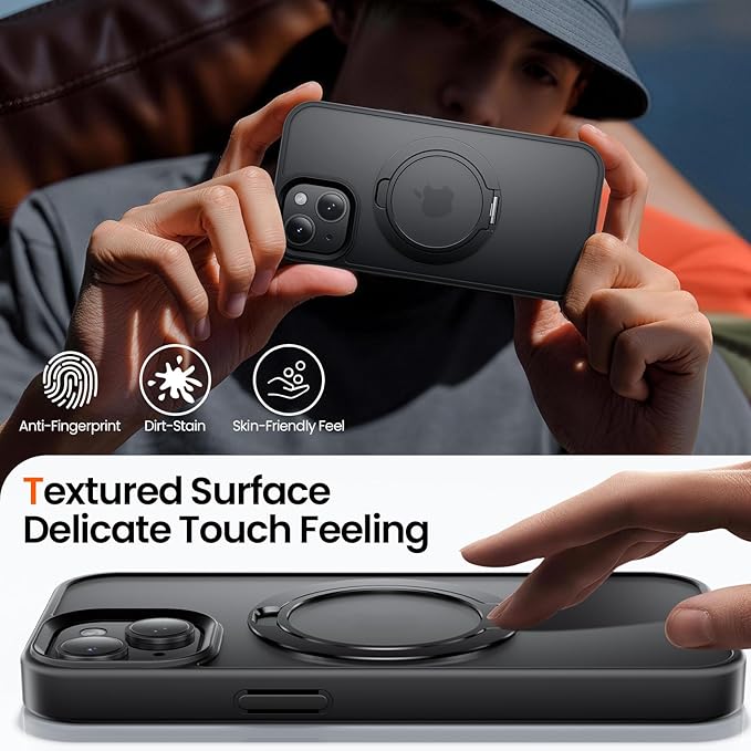 Tigowos Magnetic for iPhone 15 Case with 360° Rotating Stand, Drop Resistant Matte Skin Feeling Back Cover Shockproof Slim Fit for iPhone 15 Phone Case, Black-Stand