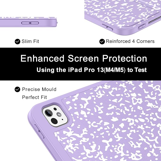 Soke Case for New iPad Pro 13 Inch (M5/M4, 2025/2024 Release), with Pencil Holder Trifold Stand Shockproof [Support Apple Pencil Charging + Auto Wake/Sleep], Soft TPU Back Cover, Book Lilac