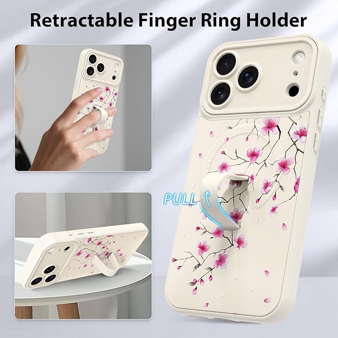 KANGHAR Compatible with iPhone 17 Pro Max Case, Magnetic Compatible with MagSafe, Cute Flower Floral Pattern Wristband Kickstand Full Camera Lens Shockproof Protective Case for Girls Women, White