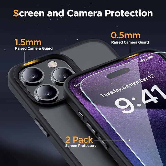 Miracase Magnetic for iPhone 15 Pro Max Case 6.7 inch (Compatible with MagSafe)（with 2X Screen Protectors） Military-Grade Protection, Anti-Fingerprint Translucent Matte Phone Cover, Black
