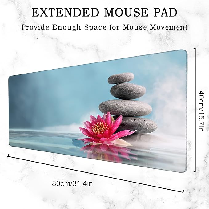 Zen Stone Spa Gaming Desk Mat Large,Water Lily Extended Mousepad,Non-Slip Rubber Mouse Pad Stitched Edges,Desktop Decorative Accessories for Home Office 31.5" x 15.7"